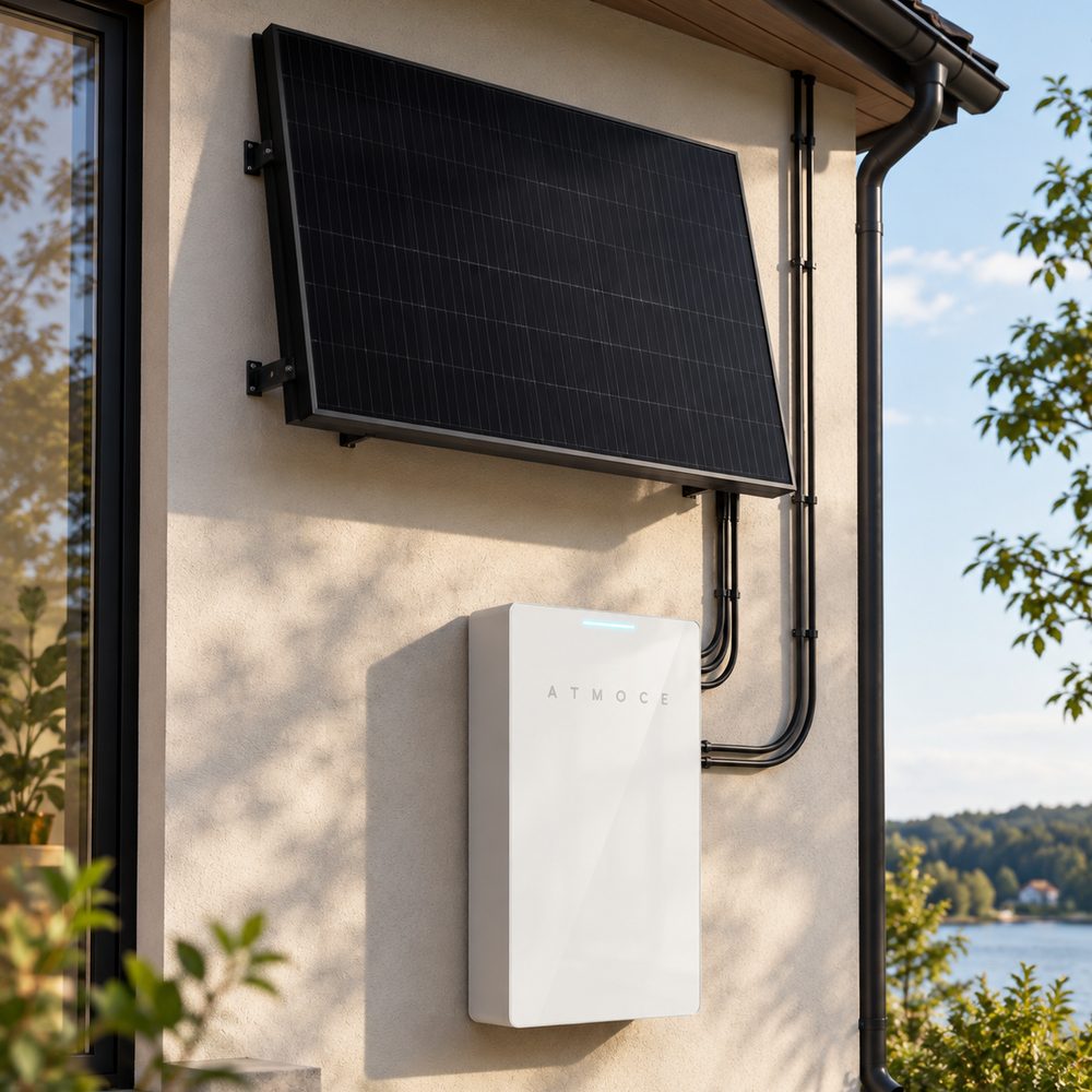 ATMOCE solpanel och ATMOCE PRO batteri på fasaden